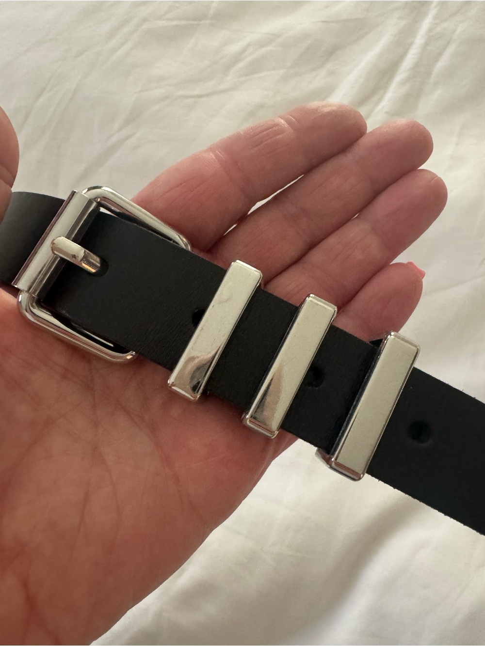 Rebecca Minkoff Black Leather Belt with Silver Hardware Bars